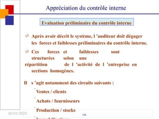 26/01/2025
 Après avoir décrit le système, l ’auditeur doit dégager
les forces et faiblesses préliminaires du contrôle interne.
 Ces forces et faiblesses sont
structurées selon une
répartition de l ’activité de l ’entreprise en
sections homogènes.
Il s ’agit notamment des circuits suivants :
Ventes / clients
Achats / fournisseurs
Production / stocks
104
Evaluation préliminaire du contrôle interne
Appréciation du contrôle interne
 