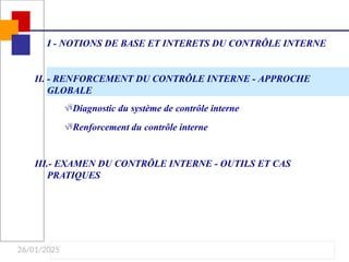 26/01/2025
I - NOTIONS DE BASE ET INTERETS DU CONTRÔLE INTERNE
II. - RENFORCEMENT DU CONTRÔLE INTERNE - APPROCHE
GLOBALE
Diagnostic du système de contrôle interne
Renforcement du contrôle interne
III.- EXAMEN DU CONTRÔLE INTERNE - OUTILS ET CAS
PRATIQUES
 