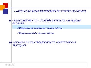 26/01/2025
I - NOTIONS DE BASES ET INTERETS DU CONTRÔLE INTERNE
II. - RENFORCEMENT DU CONTRÔLE INTERNE - APPROCHE
GLOBALE
Diagnostic du système de contrôle interne
Renforcement du contrôle interne
III.- EXAMEN DU CONTRÔLE INTERNE - OUTILS ET CAS
PRATIQUES
 