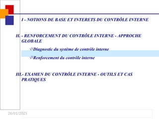 26/01/2025
I - NOTIONS DE BASE ET INTERETS DU CONTRÔLE INTERNE
II. - RENFORCEMENT DU CONTRÔLE INTERNE - APPROCHE
GLOBALE
Diagnostic du système de contrôle interne
Renforcement du contrôle interne
III.- EXAMEN DU CONTRÔLE INTERNE - OUTILS ET CAS
PRATIQUES
 