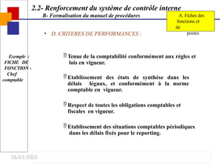 26/01/2025
Exemple :
FICHE DE
FONCTION -
Chef
comptable
A. Fiches des
fonctions et
de
postes
2.2- Renforcement du système de contrôle interne
B- Formalisation du manuel de procédures
• D. CRITERES DE PERFORMANCES :
 Tenue de la comptabilité conformément aux règles et
lois en vigueur.
 Etablissement des états de synthèse dans les
délais légaux, et conformément à la norme
comptable en vigueur.
 Respect de toutes les obligations comptables et
fiscales en vigueur.
 Etablissement des situations comptables périodiques
dans les délais fixés pour le reporting.
 