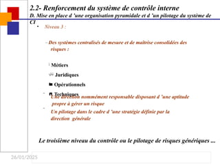 26/01/2025
• Niveau 3 :
– Des systèmes centralisés de mesure et de maîtrise consolidées des
risques :
 Métiers
 Juridiques
 Opérationnels
 Techniques


Une direction nommément responsable disposant d ’une aptitude
propre à gérer un risque
Un pilotage dans le cadre d ’une stratégie définie par la
direction générale
Le troisième niveau du contrôle ou le pilotage de risques génériques ...
2.2- Renforcement du système de contrôle interne
D. Mise en place d ’une organisation pyramidale et d ’un pilotage du système de
CI
 