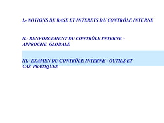 I.- NOTIONS DE BASE ET INTERETS DU CONTRÔLE INTERNE
II.- RENFORCEMENT DU CONTRÔLE INTERNE -
APPROCHE GLOBALE
III.- EXAMEN DU CONTRÔLE INTERNE - OUTILS ET
CAS PRATIQUES
 