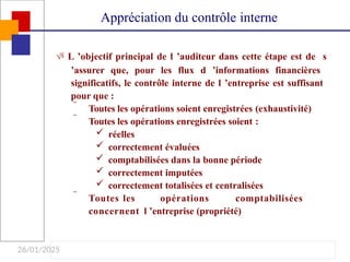 26/01/2025
 L ’objectif principal de l ’auditeur dans cette étape est de s
’assurer que, pour les flux d ’informations financières
significatifs, le contrôle interne de l ’entreprise est suffisant
pour que :
 Toutes les opérations soient enregistrées (exhaustivité)
 Toutes les opérations enregistrées soient :
 réelles
 correctement évaluées
 comptabilisées dans la bonne période
 correctement imputées
 correctement totalisées et centralisées
 Toutes les opérations comptabilisées
concernent l ’entreprise (propriété)
Appréciation du contrôle interne
 
