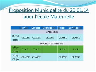 Proposition Municipalité du 20.01.14
pour l’école Maternelle
LUNDI

MARDI

MERCREDI

JEUDI

VENDREDI

GARDERIE
08H30
11H30

CLASSE

CLASSE

CLASSE

CLASSE

CLASSE

PAUSE MERIDIENNE
13H30
14H15
14H15
16H30

T.A.P.

T.A.P.

T.A.P.

T.A.P.

CLASSE

CLASSE

CLASSE

CLASSE

 
