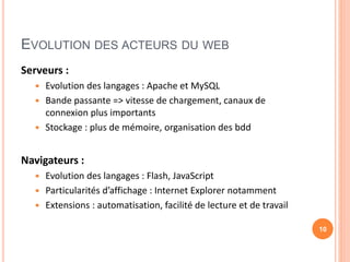 EVOLUTION DES ACTEURS DU WEB
Serveurs :
 Evolution des langages : Apache et MySQL
 Bande passante => vitesse de chargement, canaux de
connexion plus importants
 Stockage : plus de mémoire, organisation des bdd
Navigateurs :
 Evolution des langages : Flash, JavaScript
 Particularités d’affichage : Internet Explorer notamment
 Extensions : automatisation, facilité de lecture et de travail
10
 