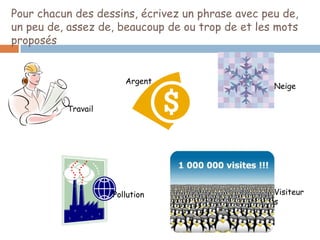 Pour chacun des dessins, écrivez un phrase avec peu de,
un peu de, assez de, beaucoup de ou trop de et les mots
proposés


                       Argent
                                                  Neige

          Travail




                    Pollution                     Visiteur
                                                  s
 