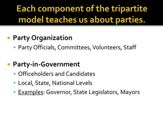  Party Organization
 Party Officials, Committees,Volunteers, Staff
 Party-in-Government
 Officeholders and Candidates
 Local, State, National Levels
 Examples: Governor, State Legislators, Mayors
 