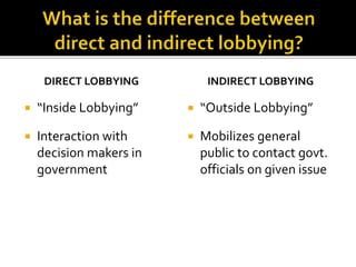 DIRECT LOBBYING
 “Inside Lobbying”
 Interaction with
decision makers in
government
INDIRECT LOBBYING
 “Outside Lobbying”
 Mobilizes general
public to contact govt.
officials on given issue
 