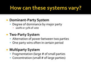  Dominant-Party System
 Degree of dominance by major party
▪ 100% or 51% of vote
 Two-Party System
 Alternation of power between two parties
 One party wins often in certain period
 Multiparty System
 Fragmentation (large # of small parties
 Concentration (small # of large parties)
 