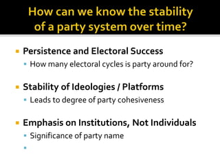 Persistence and Electoral Success
 How many electoral cycles is party around for?
 Stability of Ideologies / Platforms
 Leads to degree of party cohesiveness
 Emphasis on Institutions, Not Individuals
 Significance of party name

 