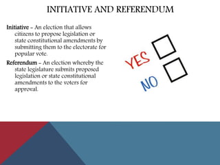 Initiative - An election that allows
citizens to propose legislation or
state constitutional amendments by
submitting them to the electorate for
popular vote.
Referendum - An election whereby the
state legislature submits proposed
legislation or state constitutional
amendments to the voters for
approval.
INITIATIVE AND REFERENDUM
 