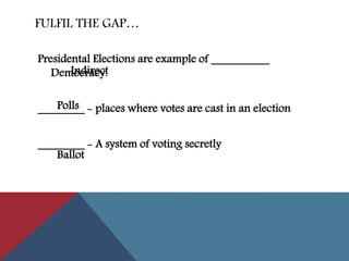 FULFIL THE GAP…
Presidental Elections are example of __________
Democracy.
________ - places where votes are cast in an election
________ - A system of voting secretly
Indirect
Polls
Ballot
 