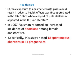 Health Risks
• Chronic exposure to anesthetic waste gases could
result in adverse health effects was first appreciated
in the late 1960s when a report of potential harm
appeared in the Russian literature
• In 1967, Vaisman reported an increased
incidence of abortions among female
anesthetists.
• Specifically, this study noted 18 spontaneous
abortions in 31 pregnancies
prepared by mengistu 11
 