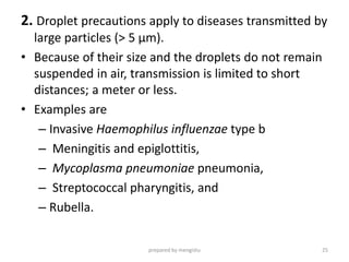 2. Droplet precautions apply to diseases transmitted by
large particles (> 5 µm).
• Because of their size and the droplets do not remain
suspended in air, transmission is limited to short
distances; a meter or less.
• Examples are
– Invasive Haemophilus influenzae type b
– Meningitis and epiglottitis,
– Mycoplasma pneumoniae pneumonia,
– Streptococcal pharyngitis, and
– Rubella.
prepared by mengistu 25
 