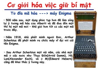 Cơ giới hóa việc giữ bí mật
    Từ đĩa mã hóa ---> máy Enigma
• 500 năm sau, một dạng phức tạp hơn đã làm sống
lại ý tưởng mã hóa của Alberti và đã đưa đến một
thế hệ mật mã mới – khó giải hơn tất cả các mật mã
trước đây.

• Năm 1918, nhà phát minh người Đức, Arthur
Scherbius đã phát minh ra chiếc máy vĩ đại với cái
tên Enigma.


• Sau Arthur Scherbius một vài năm, các nhà mật
mã ở các nước như Thụy Điển(Arvid Damm), Hà
Lan(Alexander Koch), và ở Mỹ(Edward Hebern)
cũng đã khai thác ý tưởng này.
 