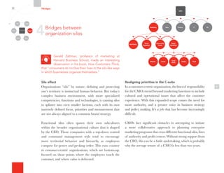 Gerald Zaltman, professor of marketing at
Harvard Business School, made an interesting
observation in his book, How Customers Think,
that “consumers do not live their lives in the silo-like ways
in which businesses organize themselves.”
Silo effect
Organizations “silo” by nature; defining and protecting
one’s territory is instinctual human behavior. But today’s
complex business environment, with more specialized
competencies, functions and technologies, is causing silos
to splinter into even smaller factions, each with its own
narrowly defined focus, priorities and measurement that
are not always aligned to a common brand strategy.
Functional silos often spawn their own subcultures
within the broader organizational culture that is shaped
by the CEO. Those companies with a top-down control
and command management style tend to encourage
more territorial behavior and hierarchy as employees
compete for power and pecking order. This runs counter
to customer-centric organizations, which are bottom-up,
focused on those points where the employees touch the
customer, and where value is delivered.
Realigning priorities in the C-suite
Inacustomer-centricorganization,thelinesof responsibility
for the CMO extend beyond marketing functions to include
cultural and operational issues that affect the customer
experience. With this expanded scope comes the need for
more authority, and a greater voice in business strategy
and policy making. It’s a job that has become increasingly
difficult.
CMOs face significant obstacles in attempting to initiate
a more collaborative approach to planning enterprise
marketing programs that cross different functional silos, lines
of authority and profit centers. Without strong support from
the CEO, this can be a futile undertaking, which is probably
why the average tenure of a CMO is less than two years.
4Bridges between
organization silos
7Bridges
Organizational
Silos
Channels
Media Employees
Customers
Community Partners
Marketing Sales Finance IT HR
Website Search
Social
Media
Mobile Email
Advertising
Direct
Marketing
Sponsorship
Events
Digital
Marketing
CEO
9
 