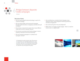 Discussion Points
Are we chasing digital media technology in search of a
customer strategy?
Are we pushing offers and promotional messages
through media channels, or engaging customers with pull
strategies?
Do we have a measurement system that crosses different
media with common customer metrics?
Do we have a proactive social media strategy, or are we
jumping in because it’s the next new thing?
Are we managing campaigns in a cohesive and
synergistic manner?
15
Are we delivering a consistent brand message across
disparate media, using integrated marketing operations
and data management?
Are we all working from the same playbook?
Media does not engage, people engage – there is a need for
human voice in a digital world.
6Bridges between disparate
media campaigns
continued
7Bridges
Organizational
Silos
Channels
Media Employees
Customers
Community Partners
A Yankelovich study reports that 70 percent
of consumers are actively looking for a way
to block, opt-out of or eliminate advertising.
Consumer trust in advertising has plunged
41 percent over the past five years.
 