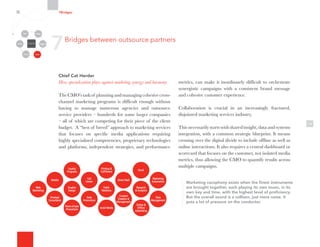 Chief Cat Herder
How specialization plays against marketing synergy and harmony.
The CMO’s task of planning and managing cohesive cross-
channel marketing programs is difficult enough without
having to manage numerous agencies and outsource
service providers – hundreds for some larger companies
– all of which are competing for their piece of the client
budget. A “best of breed” approach to marketing services
that focuses on specific media applications requiring
highly specialized competencies, proprietary technologies
and platforms, independent strategies, and performance
16
metrics, can make it inordinately difficult to orchestrate
synergistic campaigns with a consistent brand message
and cohesive customer experience.
Collaboration is crucial in an increasingly fractured,
disjointed marketing services industry.
This necessarily starts with shared insight, data and systems
integration, with a common strategic blueprint. It means
crossing over the digital divide to include offline as well as
online interactions. It also requires a central dashboard or
scorecard that focuses on the customer, not isolated media
metrics, thus allowing the CMO to quantify results across
multiple campaigns.
Marketing cacophony exists when the finest instruments
are brought together, each playing its own music, in its
own key and time, with the highest level of proficiency.
But the overall sound is a collison, just more noise. It
puts a lot of pressure on the conductor.
7Bridges between outsource partners
7Bridges
Organizational
Silos
Channels
Media Employees
Customers
Community Partners
Data
Management
Research
 Analytics
Email
Direct Mail
Web
Marketing
Marketing
Automation
Social Media
Mobile
Online 
Offline
Advertising
Content
Creation 
Management
Printing 
Fulfillment
Graphic
Design
Public
Relations
Sales
Promotions
Call
Center
Loyalty
Programs
Strategic
Consultants
Point-of-Sale
Promotions
 