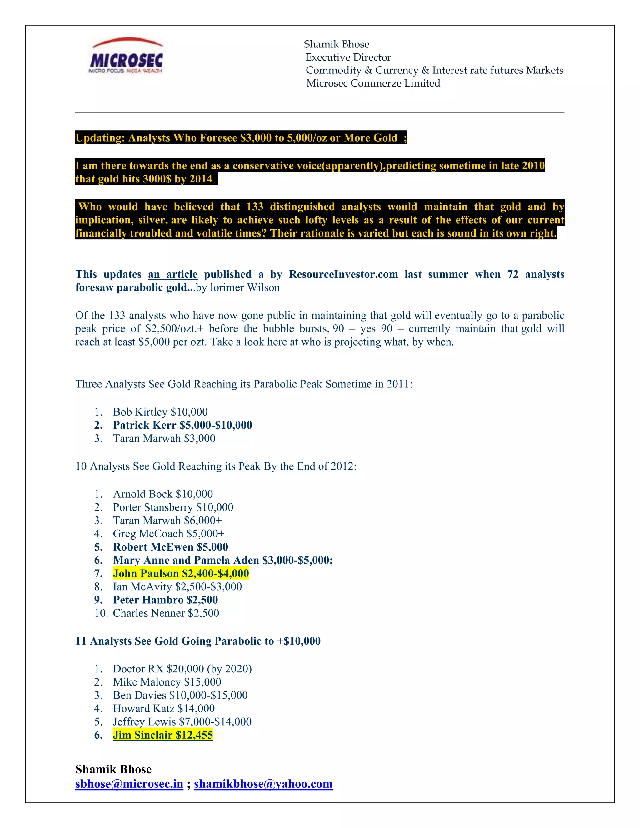 Shamik Bhose
                                                Executive Director
                                                Commodity & Currency & Interest rate futures Markets
                                                Microsec Commerze Limited




Updating: Analysts Who Foresee $3,000 to 5,000/oz or More Gold ;

I am there towards the end as a conservative voice(apparently),predicting sometime in late 2010
that gold hits 3000$ by 2014

 Who would have believed that 133 distinguished analysts would maintain that gold and by
implication, silver, are likely to achieve such lofty levels as a result of the effects of our current
financially troubled and volatile times? Their rationale is varied but each is sound in its own right.


This updates an article published a by ResourceInvestor.com last summer when 72 analysts
foresaw parabolic gold...by lorimer Wilson

Of the 133 analysts who have now gone public in maintaining that gold will eventually go to a parabolic
peak price of $2,500/ozt.+ before the bubble bursts, 90 – yes 90 – currently maintain that gold will
reach at least $5,000 per ozt. Take a look here at who is projecting what, by when.


Three Analysts See Gold Reaching its Parabolic Peak Sometime in 2011:

   1. Bob Kirtley $10,000
   2. Patrick Kerr $5,000-$10,000
   3. Taran Marwah $3,000

10 Analysts See Gold Reaching its Peak By the End of 2012:

   1.    Arnold Bock $10,000
   2.    Porter Stansberry $10,000
   3.    Taran Marwah $6,000+
   4.    Greg McCoach $5,000+
   5.    Robert McEwen $5,000
   6.    Mary Anne and Pamela Aden $3,000-$5,000;
   7.    John Paulson $2,400-$4,000
   8.    Ian McAvity $2,500-$3,000
   9.    Peter Hambro $2,500
   10.   Charles Nenner $2,500

11 Analysts See Gold Going Parabolic to +$10,000

   1.    Doctor RX $20,000 (by 2020)
   2.    Mike Maloney $15,000
   3.    Ben Davies $10,000-$15,000
   4.    Howard Katz $14,000
   5.    Jeffrey Lewis $7,000-$14,000
   6.    Jim Sinclair $12,455


Shamik Bhose
sbhose@microsec.in ; shamikbhose@yahoo.com
 