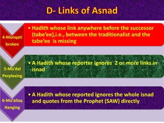 4-Munqati
broken
• Hadith whose link anywhere before the successor
(tabe’ee),i.e., between the traditionalist and the
tabe’ee is missing
5-Mu’dal
Perplexing
• A Hadith whose reporter ignores 2 or more links in
isnad
6-Mu’allaq
Hanging
• A Hadith whose reported ignores the whole isnad
and quotes from the Prophet (SAW) directly
 