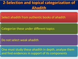 Select ahadith from authentic books of ahadith
Categorize these under different topics
Do not select weak ahadith
One must study these ahadith in depth, analyze them
and find evidences in support of its components
 
