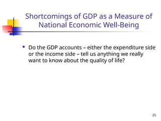 Shortcomings of GDP as a Measure of
National Economic Well-Being
 Do the GDP accounts – either the expenditure side
or the income side – tell us anything we really
want to know about the quality of life?
25
 