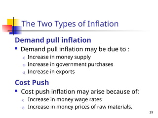 Demand pull inflation
 Demand pull inflation may be due to :
a) Increase in money supply
b) Increase in government purchases
c) Increase in exports
Cost Push
 Cost push inflation may arise because of:
a) Increase in money wage rates
b) Increase in money prices of raw materials.
The Two Types of Inflation
39
 