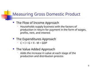Measuring Gross Domestic Product
 The Flow of Income Approach
• Households supply business with the factors of
production in return for payment in the form of wages,
profits, rent, and interest
 The Expenditures Approach
• C + I + G + X - M = GDP
 The Value Added Approach
• Adds the increase in value at each stage of the
production and distribution process
9
 