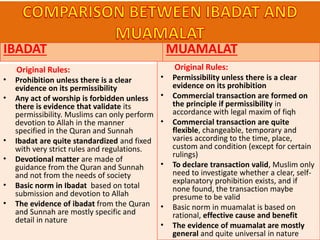 IBADAT
Original Rules:
• Prohibition unless there is a clear
evidence on its permissibility
• Any act of worship is forbidden unless
there is evidence that validate its
permissibility. Muslims can only perform
devotion to Allah in the manner
specified in the Quran and Sunnah
• Ibadat are quite standardized and fixed
with very strict rules and regulations.
• Devotional matter are made of
guidance from the Quran and Sunnah
and not from the needs of society
• Basic norm in Ibadat based on total
submission and devotion to Allah
• The evidence of ibadat from the Quran
and Sunnah are mostly specific and
detail in nature
MUAMALAT
Original Rules:
• Permissibility unless there is a clear
evidence on its prohibition
• Commercial transaction are formed on
the principle if permissibility in
accordance with legal maxim of fiqh
• Commercial transaction are quite
flexible, changeable, temporary and
varies according to the time, place,
custom and condition (except for certain
rulings)
• To declare transaction valid, Muslim only
need to investigate whether a clear, self-
explanatory prohibition exists, and if
none found, the transaction maybe
presume to be valid
• Basic norm in muamalat is based on
rational, effective cause and benefit
• The evidence of muamalat are mostly
general and quite universal in nature
 