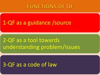 1-QF as a guidance /source
2-QF as a tool towards
understanding problem/issues
3-QF as a code of law
 