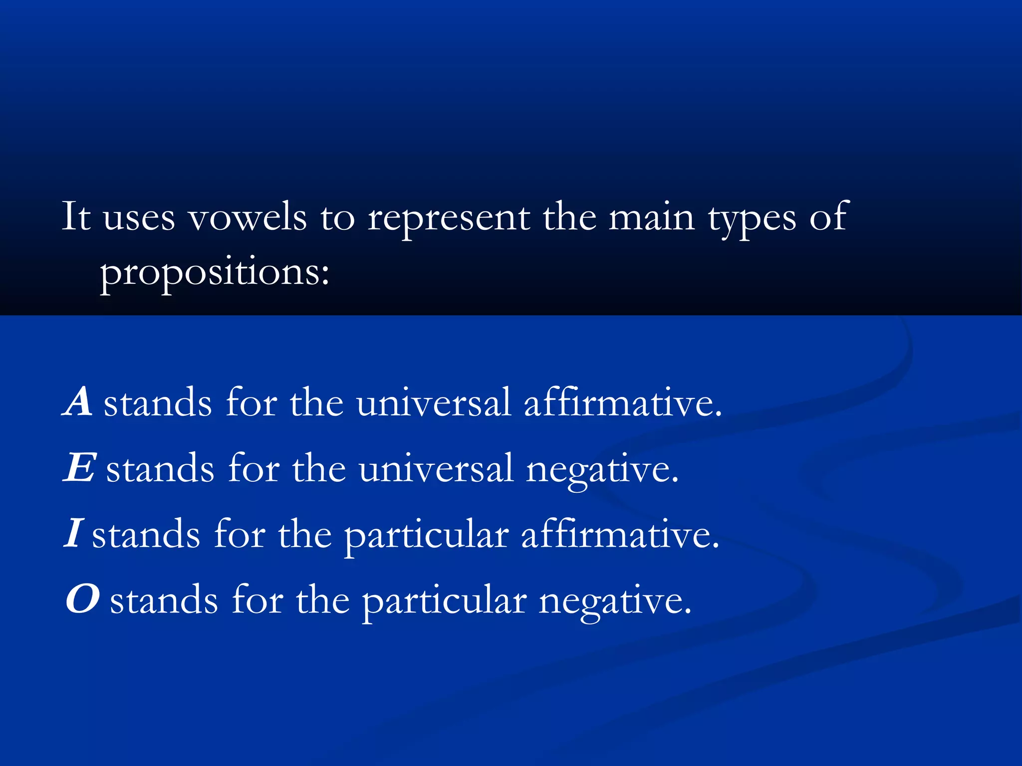 It uses vowels to represent the main types of
propositions:
A stands for the universal affirmative.
E stands for the universal negative.
I stands for the particular affirmative.
O stands for the particular negative.
 