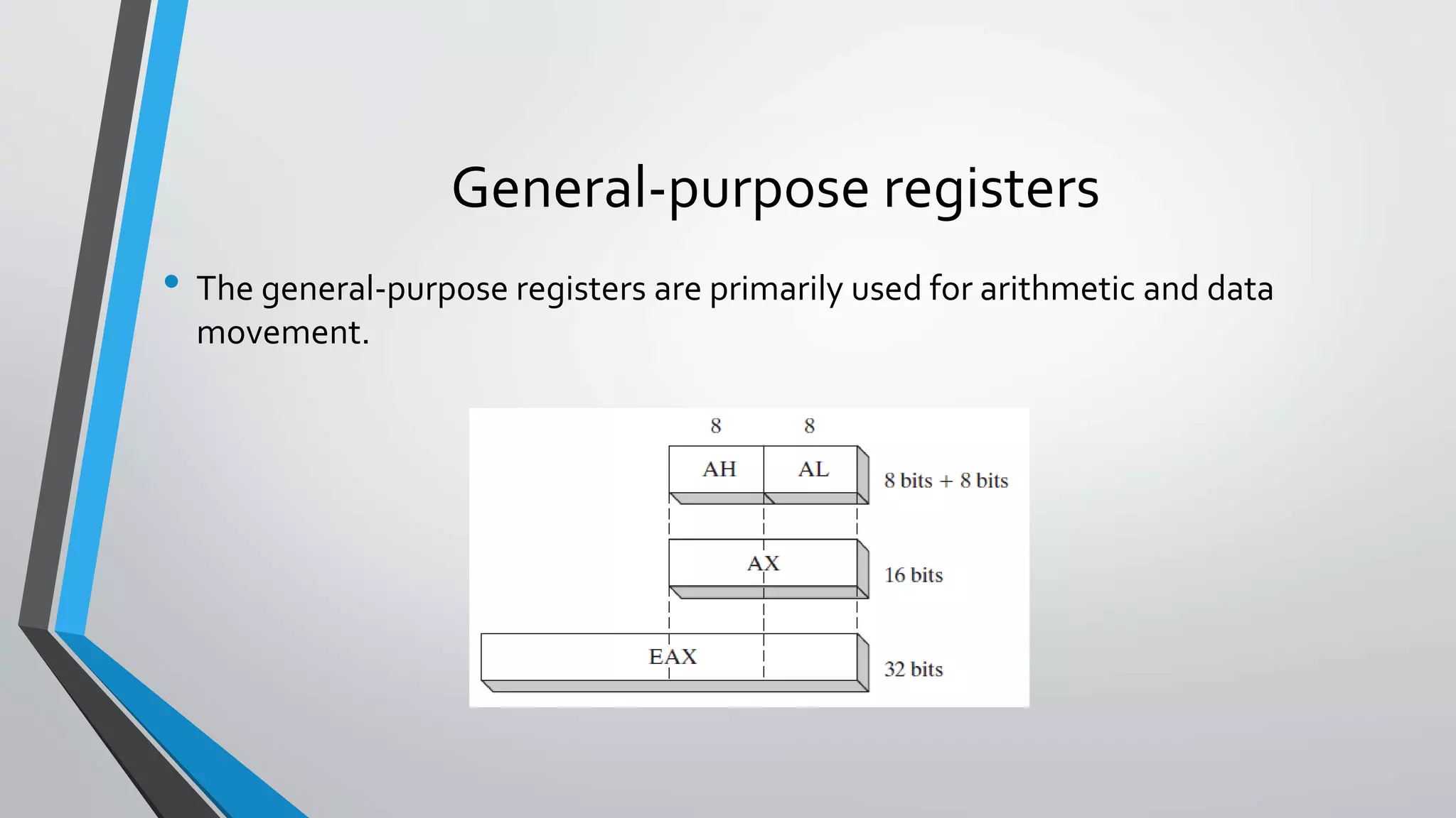 General-purpose registers
• The general-purpose registers are primarily used for arithmetic and data
movement.

 