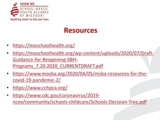 Resources
• https://moschoolhealth.org/
• https://moschoolhealth.org/wp-content/uploads/2020/07/Draft-
Guidance-for-Reopen...