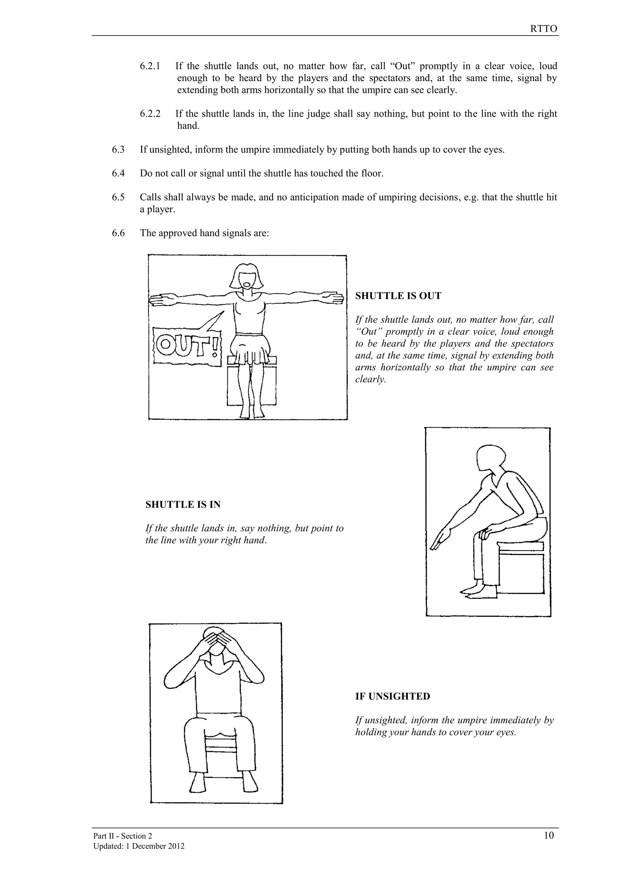 RTTO
Part II - Section 2 10
Updated: 1 December 2012
6.2.1 If the shuttle lands out, no matter how far, call “Out” promptly in a clear voice, loud
enough to be heard by the players and the spectators and, at the same time, signal by
extending both arms horizontally so that the umpire can see clearly.
6.2.2 If the shuttle lands in, the line judge shall say nothing, but point to the line with the right
hand.
6.3 If unsighted, inform the umpire immediately by putting both hands up to cover the eyes.
6.4 Do not call or signal until the shuttle has touched the floor.
6.5 Calls shall always be made, and no anticipation made of umpiring decisions, e.g. that the shuttle hit
a player.
6.6 The approved hand signals are:
SHUTTLE IS OUT
If the shuttle lands out, no matter how far, call
“Out” promptly in a clear voice, loud enough
to be heard by the players and the spectators
and, at the same time, signal by extending both
arms horizontally so that the umpire can see
clearly.
SHUTTLE IS IN
If the shuttle lands in, say nothing, but point to
the line with your right hand.
IF UNSIGHTED
If unsighted, inform the umpire immediately by
holding your hands to cover your eyes.
 