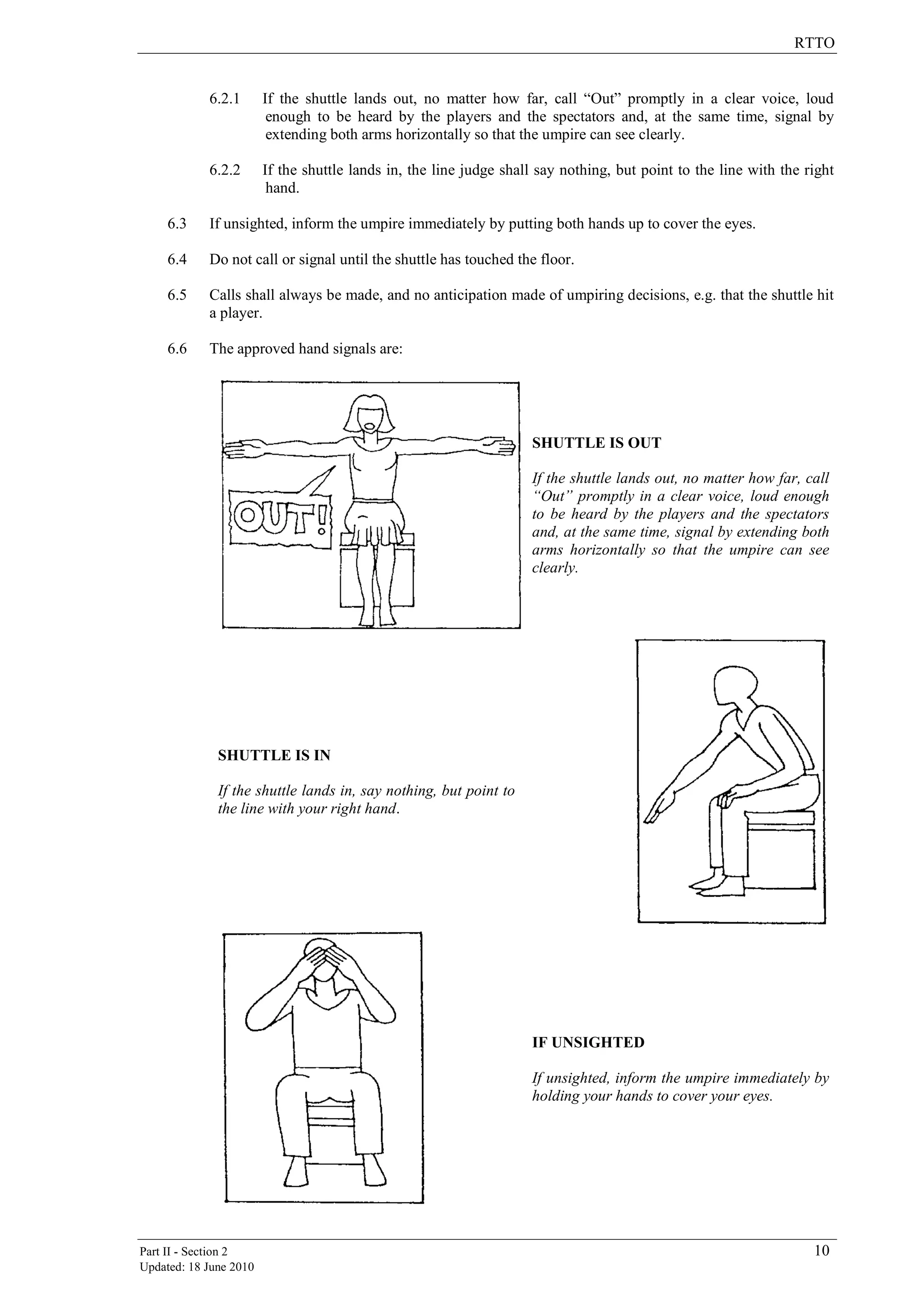RTTO
Part II - Section 2 10
Updated: 18 June 2010
6.2.1 If the shuttle lands out, no matter how far, call “Out” promptly in a clear voice, loud
enough to be heard by the players and the spectators and, at the same time, signal by
extending both arms horizontally so that the umpire can see clearly.
6.2.2 If the shuttle lands in, the line judge shall say nothing, but point to the line with the right
hand.
6.3 If unsighted, inform the umpire immediately by putting both hands up to cover the eyes.
6.4 Do not call or signal until the shuttle has touched the floor.
6.5 Calls shall always be made, and no anticipation made of umpiring decisions, e.g. that the shuttle hit
a player.
6.6 The approved hand signals are:
SHUTTLE IS OUT
If the shuttle lands out, no matter how far, call
“Out” promptly in a clear voice, loud enough
to be heard by the players and the spectators
and, at the same time, signal by extending both
arms horizontally so that the umpire can see
clearly.
SHUTTLE IS IN
If the shuttle lands in, say nothing, but point to
the line with your right hand.
IF UNSIGHTED
If unsighted, inform the umpire immediately by
holding your hands to cover your eyes.
 