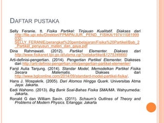 DAFTAR PUSTAKA
Selly Feranie. tt. Fisika Partikel: Tinjauan Kualitatif. Diakses dari
http://file.upi.edu/Direktori/FPMIPA/JUR._PEND._FISIKA/197411081999
032-
SELLY_FERANIE/perangkat%20pembelajaran/Fisika%20Partikel/Bab_2
_Partikel_penyusun_materi_dan_gaya.pdf
Dina Rahmawati. (2012). Partikel Elementer. Diakses dari
http://www.fisikanet.lipi.go.id/utama.cgi?cetakartikel&1275348660
Arti-definisi-pengertian. (2014). Pengertian Partikel Elementer. Diakeses
dari http://arti-definisi-pengertian.info/pengertian-partikel-elementer/
Farid Aulia Tanjung. (2014). Standar Model, Memodelkan Partikel Fisika
Secara Matematis. Diakses dari
http://www.bglconline.com/2014/09/standard-model-partikel-fisika/.
Hans J. Wospakrik. (2005). Dari Atomos Hingga Quark. Universitas Atma
Jaya: Jakarta.
Eedi Wahono. (2013). Big Bank Soal-Bahas Fisika SMA/MA. Wahyumedia:
Jakarta.
Ronald G dan William Savin. (2011). Schaum’s Outlines of Theory and
Problems of Modern Physics. Erlangga: Jakarta
 