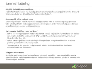 Reinfeldt får i särklass mest publicitet
Fredrik Reinfeldt får nästan lika mycket publicitet som tvåan (Stefan Löfven ) och trean (Jan Björklund)
tillsammans. Detta kan delvis tillskrivas ”statsministereffekten”.

Regeringen får större medieutrymme
Alliansens partiledare syns oftare i media än oppositionen, vilket är normalt: regeringsutövandet
leder ofta till publicitet medan oppositionen måste kämpa mer. Sett i relation till väljarstödet är det
Jonas Sjöstedt som kämpar bäst i oppositionen.

Stark medvind för Löfven – men hur länge?
• Löfven har under perioden en medial smekmånad – endast två procent av publiciteten kan klassas
  som negativ. Snittet för partiledarna är 17 procent (Infopaqs tidigare undersökningar indikerar
  liknande nivåer över tid).
• Löfven uttalar sig relativt sällan i sakfrågor under perioden. Vanligt förekommande är i stället
  positiva opinionssiffror och personporträtt.
• Sammantaget är det sannolikt – på gränsen till troligt – att Löfvens mediebild kommer att
  försämras till en mer normal nivå

Motigt för småpartierna
De mindre regeringspartierna brottas alla med en negativ mediebild. I topp när det gäller negativ
andel finns Annie Lööf och Göran Hägglund. Inom oppositionen sticker Jonas Sjöstedt ut som den som
får mest negativ publicitet.
 
