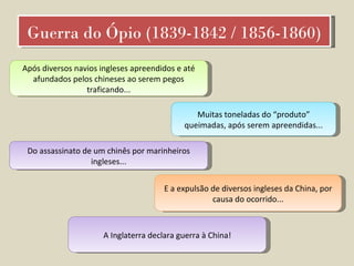 Guerra do Ópio (1839-1842 / 1856-1860) Após diversos navios ingleses apreendidos e até afundados pelos chineses ao serem pegos traficando... Muitas toneladas do “produto” queimadas, após serem apreendidas... Do assassinato de um chinês por marinheiros ingleses... E a expulsão de diversos ingleses da China, por causa do ocorrido... A Inglaterra declara guerra à China! 