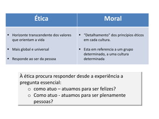 Ética                                 Moral

 Horizonte transcendente dos valores    “Detalhamento" dos princípios éticos
  que orientam a vida                     em cada cultura.

 Mais global e universal                Esta em referencia a um grupo
                                          determinado, a uma cultura
 Responde ao ser da pessoa               determinada



       À ética procura responder desde a experiência a
       pregunta essencial:
           o como atuo – atuamos para ser felizes?
           o Como atuo - atuamos para ser plenamente
              pessoas?
 