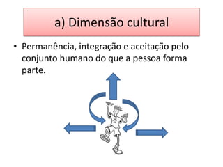 a) Dimensão cultural
• Permanência, integração e aceitação pelo
  conjunto humano do que a pessoa forma
  parte.
 