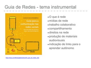 Guia de Redes - tema instrumental
●O que é rede
●mídias de rede
●trabalho colaborativo
●compartilhamento
●direitos na rede
●produção de materiais
audiovisuais
●indicação de links para o
aprender autônomo
https://issuu.com/fjmangabeira/docs/03_guia_de_redes_web
 