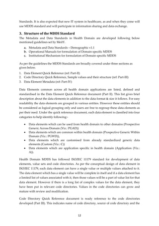 12
Standards. It is also expected that new IT system in healthcare, as and when they come will
use MDDS standard and will participate in information sharing and data exchange.
3. Structure of the MDDS Standard
The Metadata and Data Standards in Health Domain are developed following below
mentioned guidelines set by MeitY.
a. Metadata and Data Standards – Demographic v1.1
b. Operational Manuals for formulation of Domain specific MDDS
c. Institutional Mechanism for formulation of Domain specific MDDS
As per the guidelines the MDDS Standards are broadly covered under three sections as
given below.
1. Data Element Quick Reference (ref: Part-II)
2. Code Directory Quick Reference, Sample values and their structure (ref: Part-III)
3. Data Element Metadata (ref: Part-IV)
Data Elements common across all health domain applications are listed, defined and
standardised in the Data Element Quick Reference document (Part II). This list gives brief
description about the data elements in addition to the data format & size it follows. For easy
readability the data elements are grouped in various entities. However these entities should
be considered as logical grouping only and users are free to regroup these data elements as
per their need. Under the quick reference document, each data element is classified into four
categories to help identify following:-
 Data elements which can be used from health domain to other domains (Prospective
Generic Across Domain (Viz.: PGAD))
 Data elements which are common within health domain (Prospective Generic Within
Domain (Viz.: PGWD)),
 Data elements which are customised from already standardized generic data
elements (Custom (Viz.: C))
 Data elements which are application specific in health domain (Application (Viz.:
A)).
Health Domain MDDS has followed ISO/IEC 11179 standard for development of data
elements, value sets and code directories. As per the conceptual design of data element in
ISO/IEC 11179, each data element can have a single value or multiple values attached to it.
The data element which has a single value will be complete in itself and if a data element has
a limited list of values associated with it, then those values will be a part of value list for that
data element. However if there is a long list of complex values for the data element, they
have been put in relevant code directories. Values in the code directories can grow and
mature with review and modification.
Code Directory Quick Reference document is ready reference to the code directories
developed (Part III). This indicates name of code directory, source of code directory and the
 