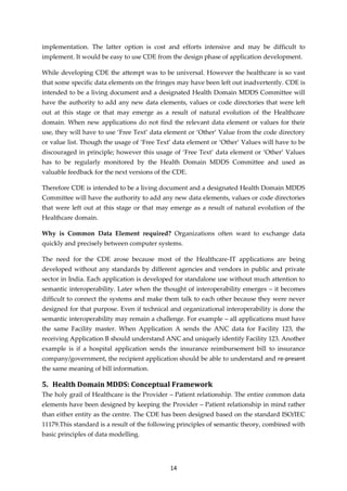 14
implementation. The latter option is cost and efforts intensive and may be difficult to
implement. It would be easy to use CDE from the design phase of application development.
While developing CDE the attempt was to be universal. However the healthcare is so vast
that some specific data elements on the fringes may have been left out inadvertently. CDE is
intended to be a living document and a designated Health Domain MDDS Committee will
have the authority to add any new data elements, values or code directories that were left
out at this stage or that may emerge as a result of natural evolution of the Healthcare
domain. When new applications do not find the relevant data element or values for their
use, they will have to use ‘Free Text’ data element or ‘Other’ Value from the code directory
or value list. Though the usage of ‘Free Text’ data element or ‘Other’ Values will have to be
discouraged in principle; however this usage of ‘Free Text’ data element or ‘Other’ Values
has to be regularly monitored by the Health Domain MDDS Committee and used as
valuable feedback for the next versions of the CDE.
Therefore CDE is intended to be a living document and a designated Health Domain MDDS
Committee will have the authority to add any new data elements, values or code directories
that were left out at this stage or that may emerge as a result of natural evolution of the
Healthcare domain.
Why is Common Data Element required? Organizations often want to exchange data
quickly and precisely between computer systems.
The need for the CDE arose because most of the Healthcare-IT applications are being
developed without any standards by different agencies and vendors in public and private
sector in India. Each application is developed for standalone use without much attention to
semantic interoperability. Later when the thought of interoperability emerges – it becomes
difficult to connect the systems and make them talk to each other because they were never
designed for that purpose. Even if technical and organizational interoperability is done the
semantic interoperability may remain a challenge. For example – all applications must have
the same Facility master. When Application A sends the ANC data for Facility 123, the
receiving Application B should understand ANC and uniquely identify Facility 123. Another
example is if a hospital application sends the insurance reimbursement bill to insurance
company/government, the recipient application should be able to understand and re-present
the same meaning of bill information.
5. Health Domain MDDS: Conceptual Framework
The holy grail of Healthcare is the Provider – Patient relationship. The entire common data
elements have been designed by keeping the Provider – Patient relationship in mind rather
than either entity as the centre. The CDE has been designed based on the standard ISO/IEC
11179.This standard is a result of the following principles of semantic theory, combined with
basic principles of data modelling.
 