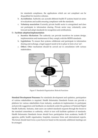 33
for standards compliance, the applications which are not compliant can be
disqualified for incentive schemes.
b. Accreditation: Authority can accredit different health IT systems based on series
of evaluations and audits ensuring compliance with the standards.
c. Voluntary association: Currently private health sector is unregulated and does
not participate in information sharing. Private sector may voluntarily come
forward and adopt standards for recognition and certifications.
D. Facilitate adoption/implementation:
a. Incentive Mechanism: The authority can provide incentives for system design,
implementation and maintenance if they comply with the MDDS standards.
b. Legislations: To ensure that systems collaborate and participate in information
sharing and exchange, a legal support needs to be in place in form of an ‘act’.
c. Others: Other mechanism should be carved out in consultation with various
stakeholders.
Figure 5: Standards Organization: Roles & Functions
Standard Development Processes: For standards development and updation, participation
of various stakeholders is required. Health Informatics Standards Forum can provide a
platform for various stakeholders from industry, academia & implementers to participate
and provide suggestions and feedbacks on standards under the guidance of National Digital
Health Authority. Industry, state-users can submit standards requests through the forum to
the standard committees or authority, which in turn will facilitate updation of standards.
Health Informatics Standards forum should have participation from academia, health IT
agencies, public health organisation, hospitals, insurance firms and international experts.
The forum should meet twice a year however based on the necessity additional meetings can
be arranged.
 