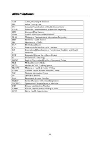 35
Abbreviations
ADT Admit, Discharge & Transfer
BPL Below Poverty Line
CCI Canadian Classification of Health Interventions
C-DAC Centre for Development of Advanced Computing
CDE Common Data Element
CSSD Central Sterile Services Department
MeitY Ministry of Electronics and Information Technology
EHR Electronic Health Record
GoI Government of India
HL7 Health Level Seven
ICD International Classification of Diseases
ICF International Classification of Functioning, Disability and Health
ID Identifier
IDSP Integrated Disease Surveillance Project
IT Information Technology
LOINC Logical Observation Identifiers Names and Codes
MCI Medical Council of India
MCTS Mother & Child Tracking System
MoHFW Ministry of Health & Family Welfare
NHSRC National Health Systems Resource Centre
NIC National Informatics Centre
OT Operation Theatre
PAN Permanent Account Number
RNTCP Revised National TB Control Programme
SNOMED Systematized Nomenclature of Medicine
UID Unique Identification Number
UIDAI Unique Identification Authority of India
WHO World Health Organization
 