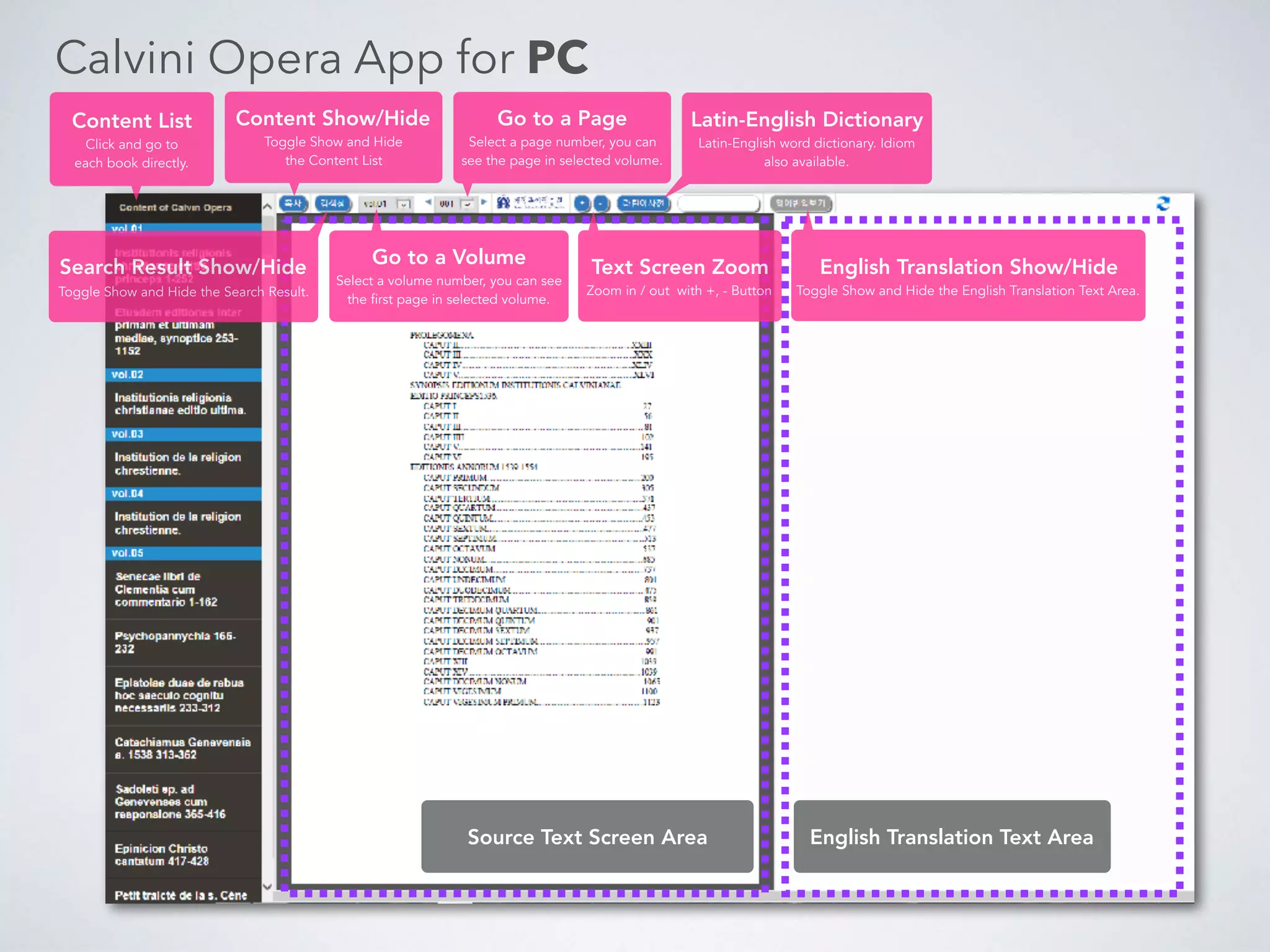 10권/상 ⊙ 교회법, 1-64
⊙ 제네바 학교 규정, 65-146
⊙ 회의들, 153-266
⊙ 자크 드 부르고녀의 변증, 269-294
10권/하 ⊙ 서신 1권: 1528-1539년
11권 ⊙ 서신 2권: 1540-1544년
12권 ⊙ 서신 3권: 1545-1548년 6월
13권 ⊙ 서신 4권: 1548년 7월-1550년
14권 ⊙ 서신 5권: 1551-1553년
15권 ⊙ 서신 6권: 1554-1555년
16권 ⊙ 서신 7권: 1556-1557년
17권 ⊙ 서신 8권: 1558-1559년
18권 ⊙ 서신 9권: 1560-1561년 9월
19권 ⊙ 서신 10권: 1561년 10월-1563년 4월
20권 ⊙ 서신 11권: 1563년 5월-1564년
⊙ 서신 추가, 357-592
⊙ 첨가되어야 할 것과 수정되어야 할 것들, 593-622
⊙ 저자 색인, 629-662
⊙ 서신 색인, 663-740
⊙ 베자 편집본과의 일치 대조표, 741-756
21권 ⊙ 테오도르 베자의 칼빈 전기(불어), 1-50
⊙ 니콜라 콜라동의 칼빈 전기, 51-118
⊙ 테오도르 베자의 칼빈 전기(라틴어), 119-172
⊙ 장례연설, 173-178
⊙ 칼빈 연대기, 181-818
22권 ⊙ 칼빈의 신앙교육서(1537), 5-74
⊙ 제네바 시민들이 서약해야 하는 신앙고백, 77-96
⊙ 기독교 교리에 관한 어린이 교육, 97-114
⊙ 1-21권의 색인, 125-642
신학자, 125-230 / 역사가, 233-484 / 헬라어(그리스어), 485-510 /
히브리어, 511-514 / 성경 색인, 515-642
23권 ⊙ 창세기 주석, 1-622
⊙ 멜기세덱의 역사에 관한 세 편의 설교, 641-682
⊙ 칭의에 관한 네 편의 설교, 683-740
⊙ 아브라함의 제사에 관한 세 편의 설교, 741-784
24권 ⊙ 모세 4경 주석. 1부
25권 ⊙ 모세 4경 주석. 2부, 1-416
⊙ 여호수아 주석, 417-570
⊙ 신명기 설교. 1부: 1장, 573-722
26권 ⊙ 신명기 설교. 2부: 2-9장
27권 ⊙ 신명기 설교. 3부: 10-21장
28권 ⊙ 신명기 설교. 4부: 22-32장
29권 ⊙ 신명기 설교. 5부: 32-34장, 1-232
⊙ 사무엘상 설교. 1부: 1-12장, 233-738
30권 ⊙ 사무엘상 설교. 2부: 13-31장
31권 ⊙ 시편 주석. 1부: 1-90편
32권 ⊙ 시편 주석. 2부: 91-150편, 1-442
⊙ 시편 115편과 124편 설교, 455-480
⊙ 시편 119편 설교, 481-752
33권 ⊙ 욥기 설교. 1부: 1-14장
34권 ⊙ 욥기 설교. 2부: 15-31장
35권 ⊙ 욥기 설교. 3부: 32-42장, 1-514
⊙ 히스기야의 찬양 설교, 517-580
⊙ 이사야 53장 설교, 581-688
36권 ⊙ 이사야 주석. 1부: 1-39장
37권 ⊙ 이사야 주석. 2부: 40-66장, 1-455
⊙ 예레미야 강의. 1부: 1-7장, 469-706
목차번역 : 황대우 교수
 