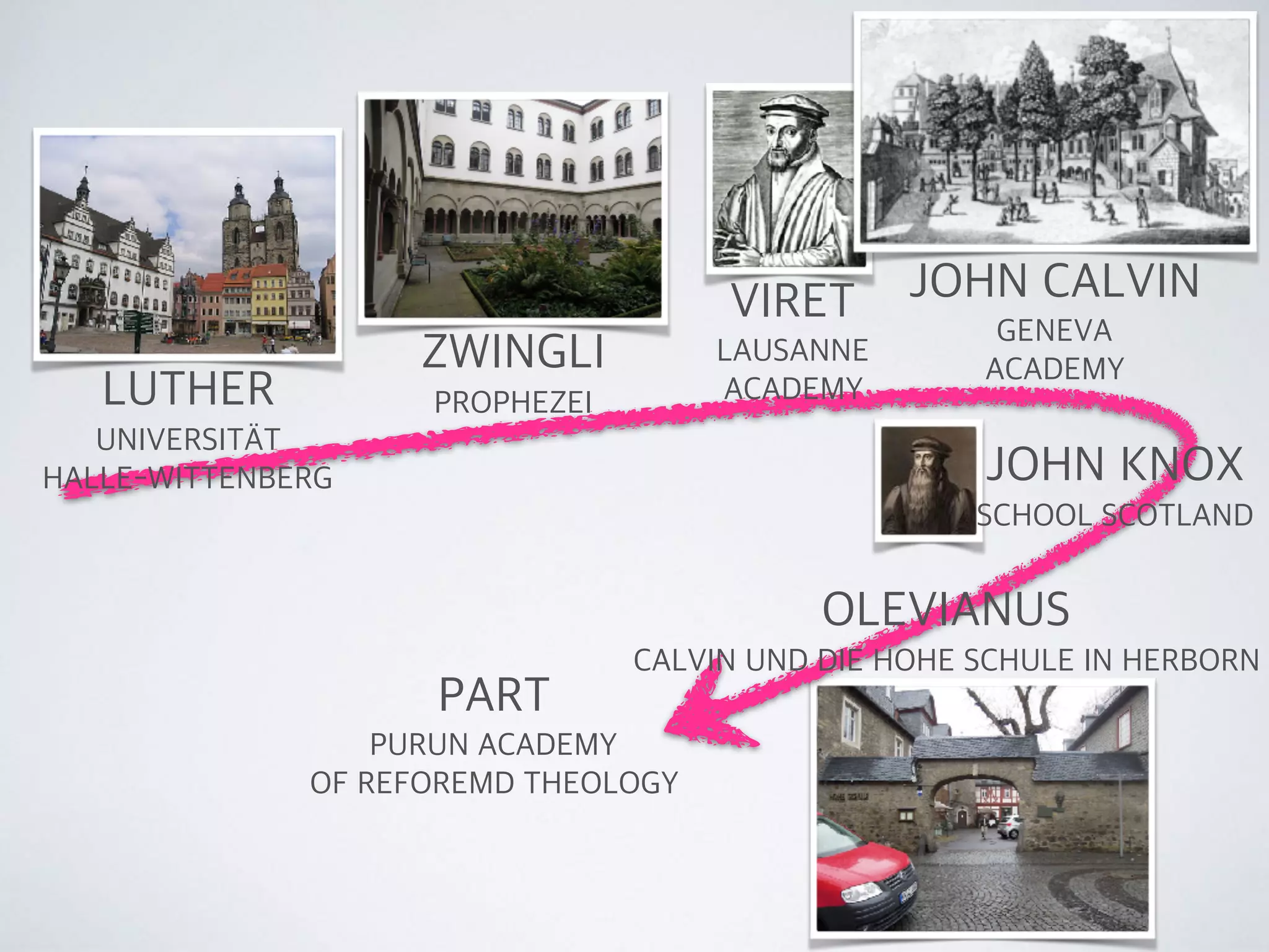 초중등교육기관
(schola privata)
고등교육기관
(schola publica)
7th Grade
문자에 관한 초보학습,
라틴어-불어 철자와 작문,
라틴어 불어 교리문답읽기
6th Grade
기초문법, 말하기,
불어와 라틴어 비교방법,
라틴어 초보연습
5th Grade
더 정확히 말하기,
문장구성의 간단한 원리,
버질의 목가시,
논리적 글쓰기 첫원리
4th Grade
라틴어 구성에 관한 마지막 부분,
키케로/오비드 작품들,
그리스어 읽기와 어형변화 활용
* 제네바 학교 규정 (CO. volume10)
3th Grade
고급그리스어 문법, 라틴어,
그리스어 작문규칙,
키케로/버질/이소크라테스 작품들
2th Grade
리비의 로마사, 크네스폰,
폴리비우스,헤로디안의 그리스역사,
호머읽기, 변증법의 원리,
키케로의 역설에 관한 논문과 추론,
그리스어 누가복음의 쉬운 번역
1th Grade
고등변증법, 수사학과 웅변원리,
키케로의 고등담론,
고대그리스 웅변가의 글,
호머/버질 모음집, 문제연습,
매달 수요일 2번씩 웅변대회,
토요일 오후 사도서간쓰기와 읽기
신학,
히브리어,
그리스어 웅변과 시,
자연과학,
수학,
수사학,
설교이론과 실제,
성경주해,
윤리학,
법률,
의학
교회의 일원으로써 성장을 돕는 실천적인 교육 교회와 사회에 필요한 인재
GENEVA ACADEMY CURRICULUM*
 