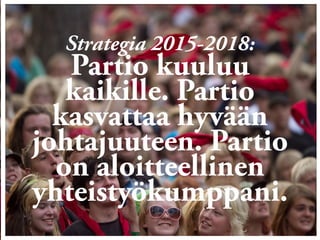 Strategia 2015-2018:
Partio kuuluu
kaikille. Partio
kasvattaa hyvään
johtajuuteen. Partio
on aloitteellinen
yhteistyökumpp...