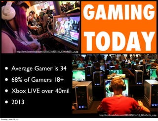 GAMING
TODAY
• Average Gamer is 34
• 68% of Gamers 18+
• Xbox LIVE over 40mil
• 2013
http://farm2.staticﬂickr.com/1085/1296716714_263dc5e1fd_o.jpg
http://farm2.staticﬂickr.com/1205/1295821195_170cb4d591_o.jpg
Sunday, June 16, 13
 